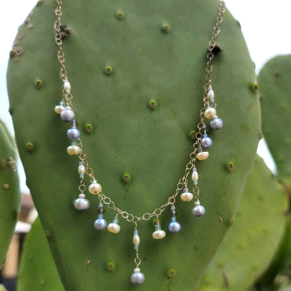 USA Handmade Necklace hand-wire-wrapped Freshwater pearl sterling silver & glass - Picture 3 of 7